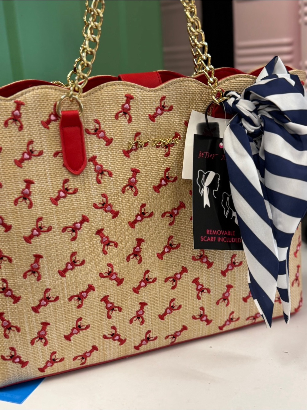 Betsey Johnson Red lobster Accent Straw Tote with Gold Chain Handles - Picture 2 of 2